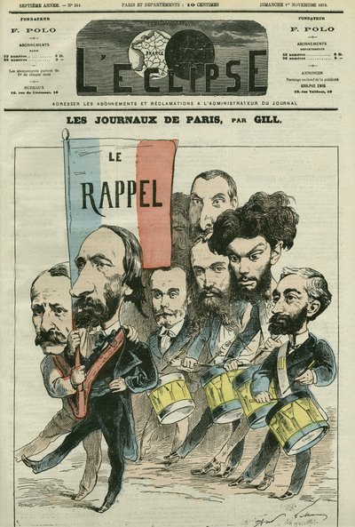 Desenho animado "o recall" do Republique pelos jornais parisienses, com Paul Meurice (1818-1905), Auguste Vacquerie (1819-1895), Gaulier, Blum, Lefevre, D