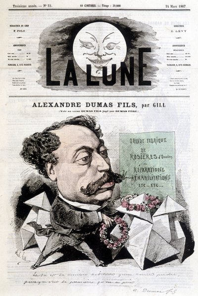 Desenho cómico sobre Alexandre Dumas Fils de Gill. Capa "La Lune" de 24/03/1867. de Andre Gill
