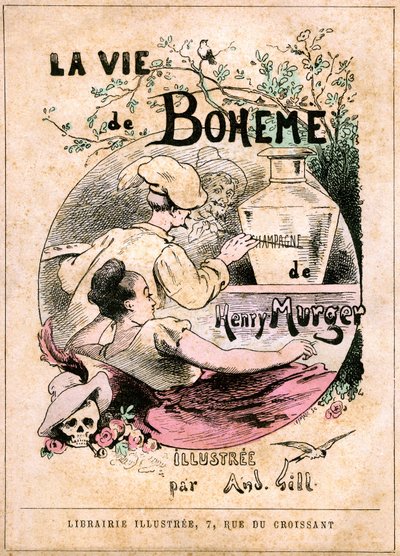 Capa do livro “A Vida de Boheme" ”, de Henry Murger: pintor pintando a palavra“ champanhe ”em um vaso, na frente de uma jovem de Andre Gill