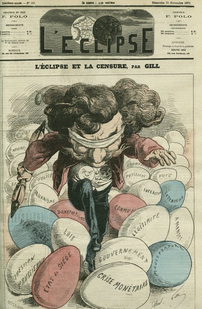 Eclipse e censura, uma ilustração de Gill andando sobre ufs. Capa em "L