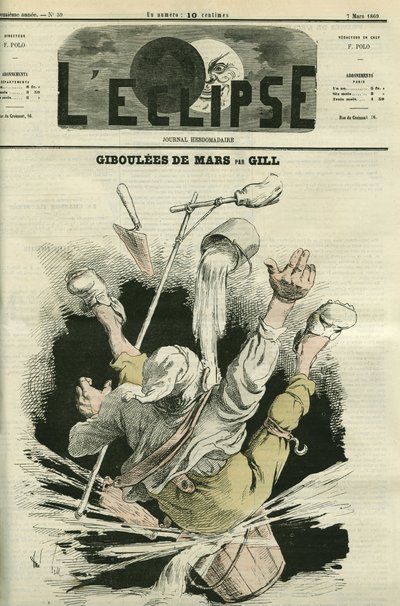 Giboulees de mars, ilustração de um homem caindo em um balde. Capa em "L