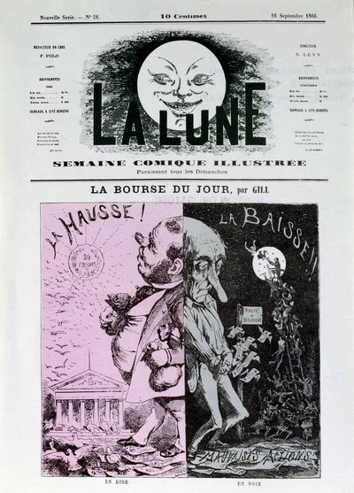 A bolsa de estudo do dia do Gill. Em rosa: a ascensão do franco. Em preto: a queda e as más acções. As bolsas de valores partem para a Bélgica. Um dos jornais "La Lune" de 16 de setembro. de Andre Gill