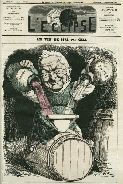 Le vin de 1872, ilustração de Adolphe Thiers misturando vinho branco e tinto (1797-1877), historiador e estadista francês. Capa em "L
