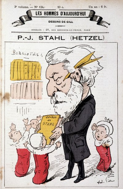 Retrato de Pierre Jules Hetzel oferecendo as obras de Stahl (seu pseudônimo) para crianças pequenas, "Os Homens de Hoje", n.d. final do dia 19. de Andre Gill