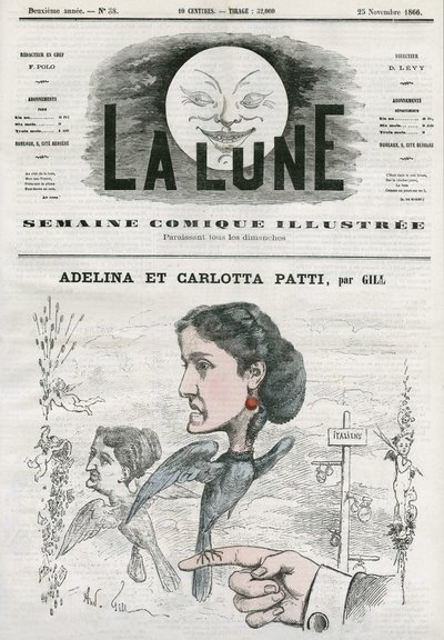 Retrato de Adelina (1843-1919) e Carlotta Patti (1835-1889), cantoras de ópera italianas. Cartoon de Gill, em "A Lua", 25 de novembro de Andre Gill