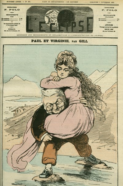 Retrato de Adolphe Thiers (1797-1877), historiador e político francês, representado em "Paul et Virginie" (a República). Capa em "L