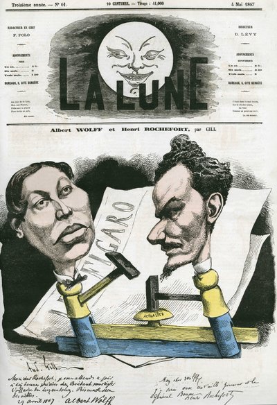 Retrato de Albert Wolff e Henri Rochefort (1831-1913) jornalista e político francês. Desenho animado de Gill, em "The Moon", 4 de maio de Andre Gill