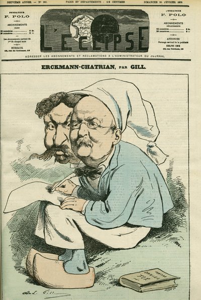 Retrato de Alexandre Chatrian (1826-1890) e Emile Erckmann (1822-1899), conhecido como Erckmann-Chatrian, duo de romancistas franceses. Capa em "L