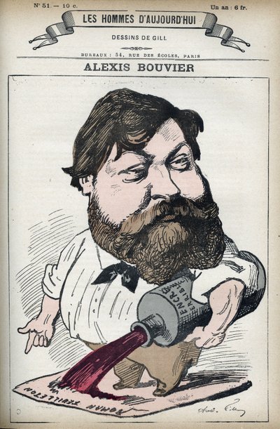 Retrato de Alexis Bouvier (1836-1892), romancista e dramaturgo popular francês. Desenho animado de Gill, Paris. de Andre Gill