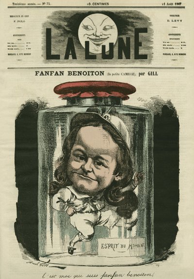 Retrato de Camille Schelter, atriz no papel de Fanfan Benoiton. Desenho animado de Gill, em "A Lua", 11 de agosto de Andre Gill