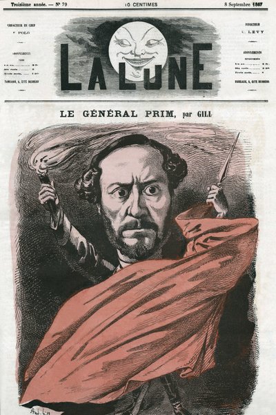 Retrato do General Juan Prim (1814-1870), militar e político espanhol. Cartoon de Gill, em "A Lua", 8 de setembro de Andre Gill