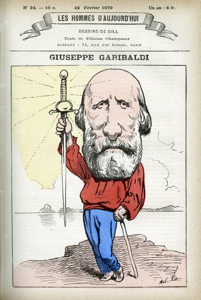 Retrato de Guiseppe Garibaldi (1807-1882), político italiano. Cartoon de Gill, em "Les Homme d