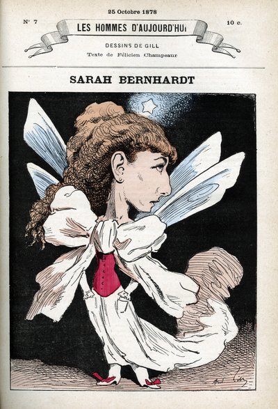 Retrato de Henriette Rosine Bernard dit Sarah Bernhardt (1844-1923), atriz de teatro francesa. Desenho animado de Gill, Paris. de Andre Gill