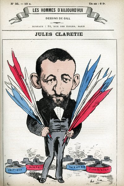 Retrato de Jules Claretie (1840-1913), romancista, dramaturgo e crítico francês. Desenho animado de Gill, em "Les Homme d