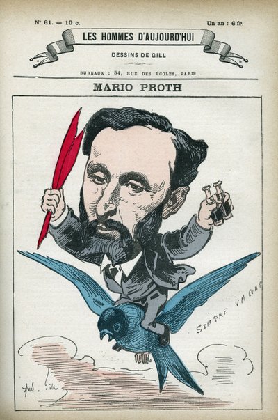 Retrato de Mario Proth (1832-1891), escritor, crítico literário e publicitário francês. Desenho animado de Gill, Paris. de Andre Gill