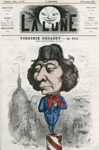 Retrato de Virginie Dejazet (1798-1875), atriz francesa no papel de Bonaparte. Desenho animado de Gill, em "La Lune", 10 de novembro de Andre Gill