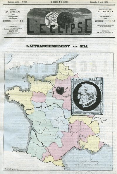 Correio, mapa da França em quatro zonas e seu carimbo com o perfil do Presidente da República Adolphe Thiers (1797-1877). Capa em "L