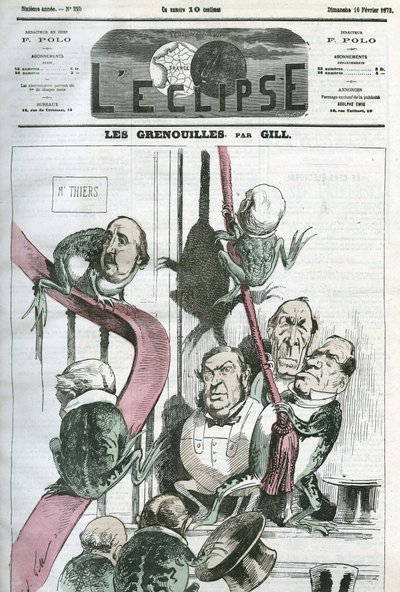 Os Sapos, um desenho animado dos políticos do governo do Presidente Thiers em sapos. Capa em "L