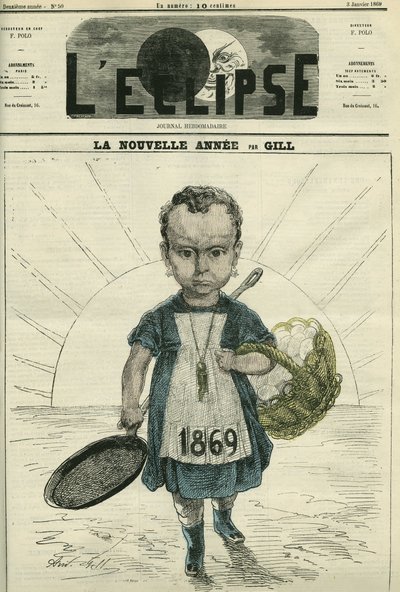 O Ano Novo, ilustração de uma menina segurando um fogão e um cesto de ovos. Capa em "L