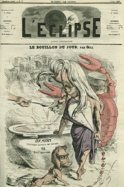 O caldo do dia, ilustração para "def-meat", extrato de carne. Capa em "L