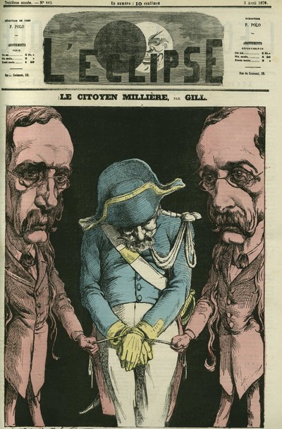 O cidadão Milliere em referência a Alexandre Dumas, Gill o representa com suas mãos. Capa em "L
