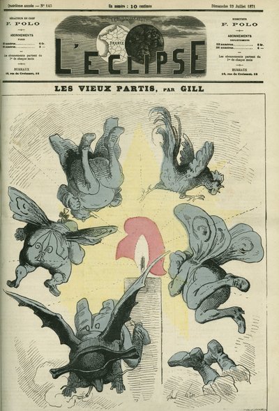 Os velhos partidos políticos da França, como os Royalistas ou os Bonapartistas, estão assustados com a luz da República. Capa em "L