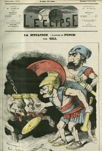 A situação, desenho animado por Adolphe Thiers (1797-1877) e Leon Gambetta (1838-1882) dando um ministério aos cães realistas e bonapartistas. Capa em "L