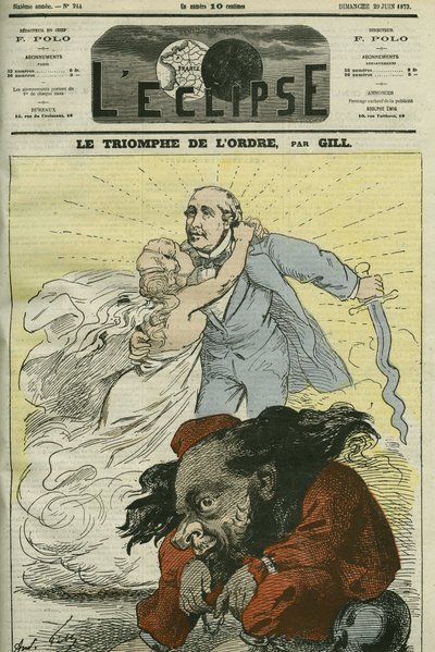O triunfo da ordem, uma caricatura de Gill, enumerada pela ordem estabelecida pelo Duque de Broglie (1821-1901). Capa em "L