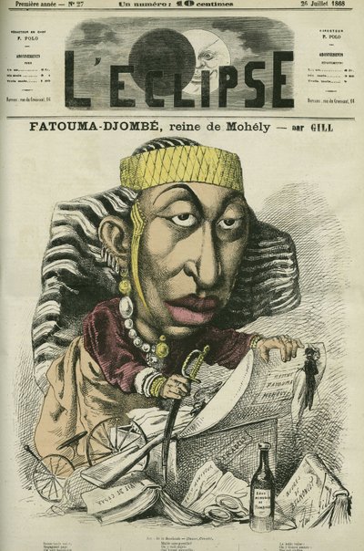 Zombe-Fatoum (Zombe Fatoum) (1836-1878), Rainha de Moheli nas Comores, em visita à França em 1868. Ela também é chamada Djombe-Fatouma (Djombe-Fatouma) ou Jumbe Fatouma (Jumbe-Fatouma) ou Jumbe Fátima (Jumbe-Fátima). Capa em "L