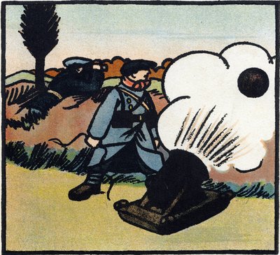 Primeira Guerra Mundial 1914-1918 (14-18): Lançador de bombas. Um soldado francês lança bombas contra o inimigo com um canhão. Gravura em "Alfabeto da Grande Guerra 1914-1916 (para os filhos dos nossos soldados)". Edições Berger-Levrault de Andre Helle