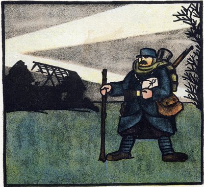 Primeira Guerra Mundial 1914-1918 (14-18): Peludo. Retrato de um soldado do exército francês em uniforme militar com mochila, saco e espingarda. Gravura em "Alfabeto da Grande Guerra 1914-1916 (para os filhos dos nossos soldados)". Edições Berger-Levrault de Andre Helle