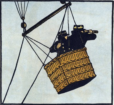 Primeira Guerra Mundial 1914-1918 (14-18): Observadores (posto de observação) do exército francês num balão cativo a tentar detetar o inimigo. Gravura em "Alfabeto da Grande Guerra 1914-1916 (para os filhos dos nossos soldados)". Edições Berger-Levrault de Andre Helle