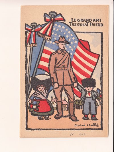 Postal, satírico em cores: Le grand ami o grande amigo - Guerra de 14-18, América, Alsácia Lorena Ilustração de André Helle (1875-1945) de Andre Helle