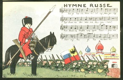Postal, satírico em cores: Hino Russo - Guerra de 14-18, Rússia, Cantando - Soldados Ilustração de Andre Helle (1875-1945) de Andre Helle