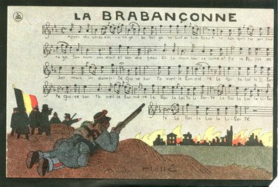 Postal, satírico em cores, cerca de 1915: La brabanconne - Guerra de 14 -18, Bélgica, Canto - Soldados Ilustração de André Helle (1875-1945) de Andre Helle