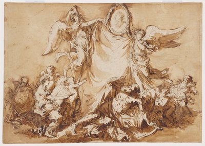 Uma Alegoria da época da destruição das artes, superada por um Medalhão de retrato do Rei Stanislaw Agosto da Polónia como Patrono das Artes de Andre Jean Lebrun