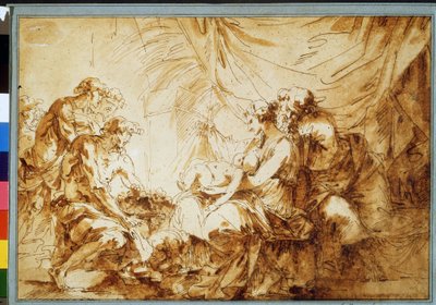 "A Adoração do desenho da caneta da Criança Cristo" de André Jean Le Brun (Lebrun) (1737-1811) Museu Pushkin, Moscovo de Andre Jean Lebrun
