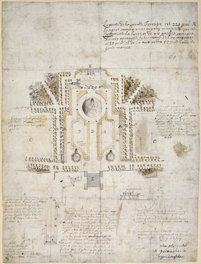 Design para paisagismo do jardim e parque na Casa da Rainha, Greenwich, 1662 (caneta, tinta e lavagem) de Andre Le Notre