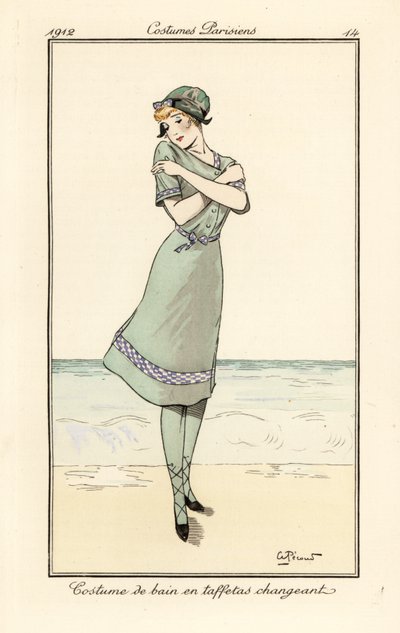 Mulher na praia com fato de banho em tafetá de duas cores de Andre Pecoud
