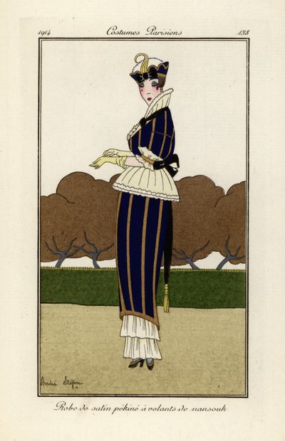 Mulher com vestido de cetim de seda de pequim listrado azul e amarelo de Andre Stefan