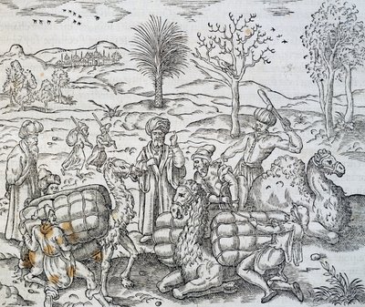 Mercadores árabes na Síria, gravura da Cosmologia Universal, de Andre Thevet (1504-1592) de Andre Thevet