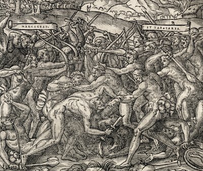 Batalha entre as tribos Margageaz e Tabajares, gravura da Cosmologia Universal, de Andre Thevet (1504-1592) de Andre Thevet