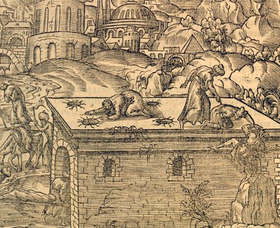 Cemitério cristão de Acheldemach, gravura de Cosmographie universelle, de Andre Thevet (1504-1592), Paris de Andre Thevet