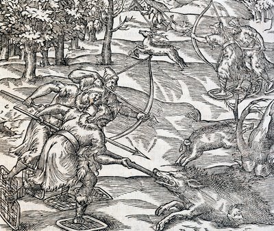 Caça ao javali indígena, gravura da Cosmologia Universal, de Andre Thevet (1504-1592), Paris de Andre Thevet