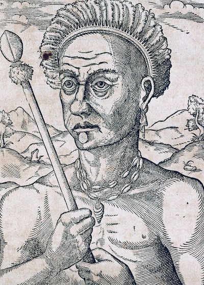Rei Quoniambec, Brasil, gravura da Cosmologia Universal, de André Thevet (1504-1592), Paris de Andre Thevet