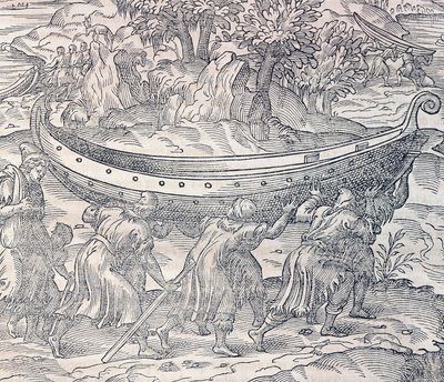 Laplanders transportando seus barcos de um lugar para outro, gravura da Cosmologia Universal, de Andre Thevet (1504-1592), Paris de Andre Thevet