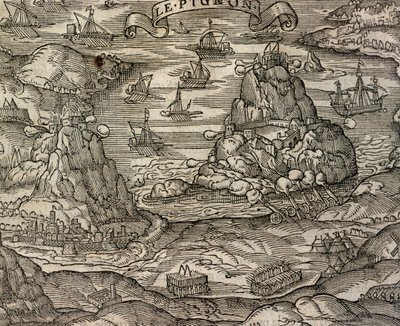 Batalha naval perto da ilha Le Pignon, gravura de Cosmographie universelle, de Andre Thevet (1504-1592), Paris de Andre Thevet