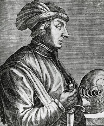 Retrato de Castruccio Castracani (ca 1281-1328), Senhor de Lucca, gravura de Les Vrais pourtraits et Vies des Hommes illustres de Andre Thevet