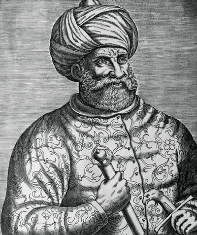 Retrato de Khayr al-Din, conhecido como Barbarossa (1465-1546), corsário e almirante turco, gravura de Andre Thevet (1502-1590) de Andre Thevet