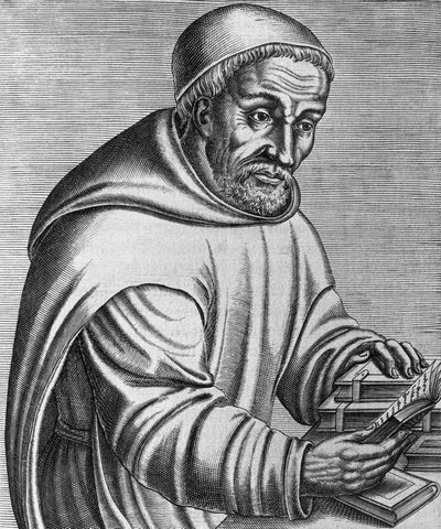 Retrato de Rabanus Maurus Magnentius (falecido em 856), monge beneditino e teólogo alemão, gravura da Les vrais pourtraits et vies des hommes illustres grecz, latins et payens, de Andre Thevet de Andre Thevet